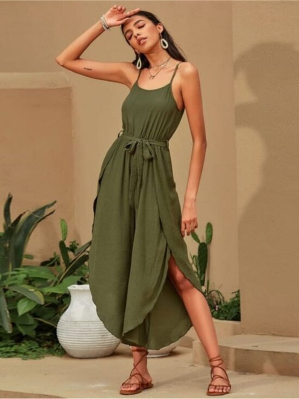Olive Green High Slit Jumpsuit Spaghetti Strap Belted Wide Leg Boho Women M NWT